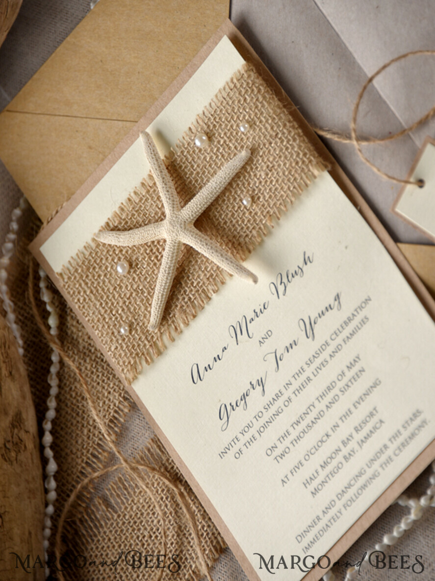 WEDDING INVITATIONS passport to love/ beach wedding invites Beach Wedding invitations starfish burlap Wedding Invites destination wedding Cards with pearls