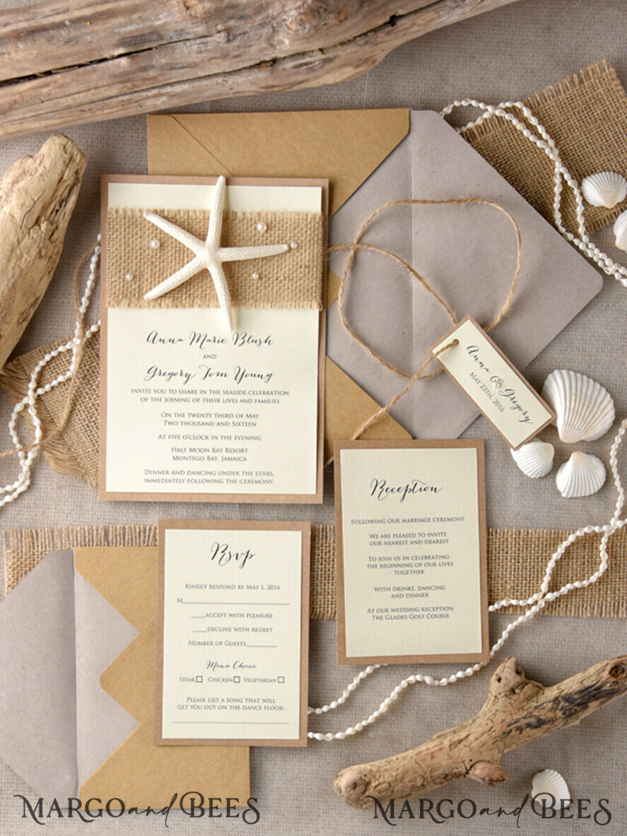 WEDDING INVITATIONS passport to love/ beach wedding invites Beach Wedding invitations starfish burlap Wedding Invites destination wedding Cards with pearls