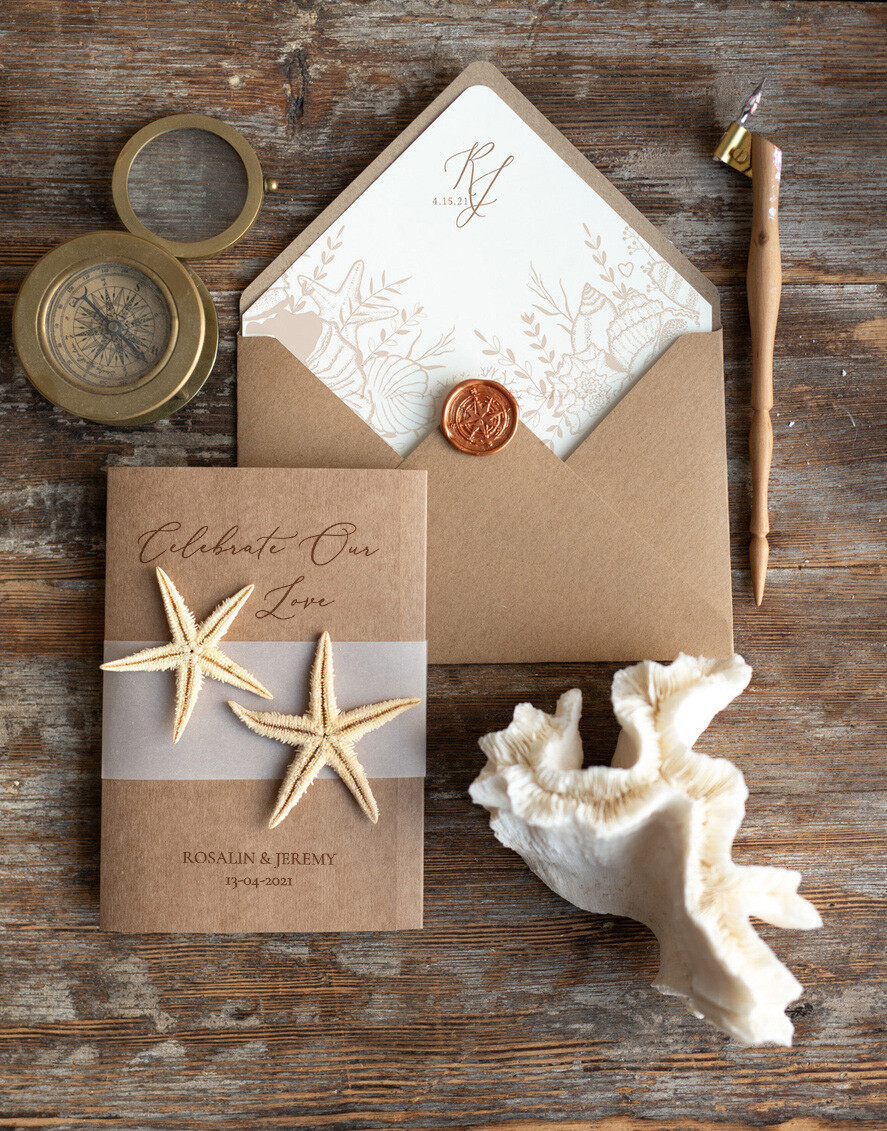 WEDDING INVITATIONS passport to love/ beach wedding invites Beach Wedding invitations Vellum bally band Wedding Invites with starfish Rustic Pocket Fold wedding Cards