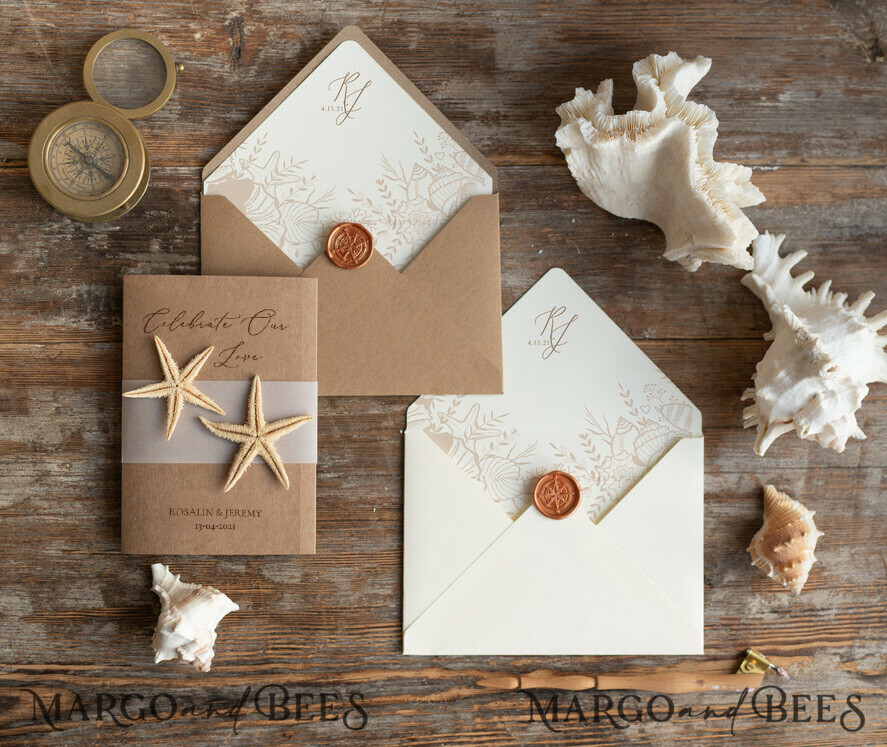 WEDDING INVITATIONS passport to love/ beach wedding invites Beach Wedding invitations Vellum bally band Wedding Invites with starfish Rustic Pocket Fold wedding Cards