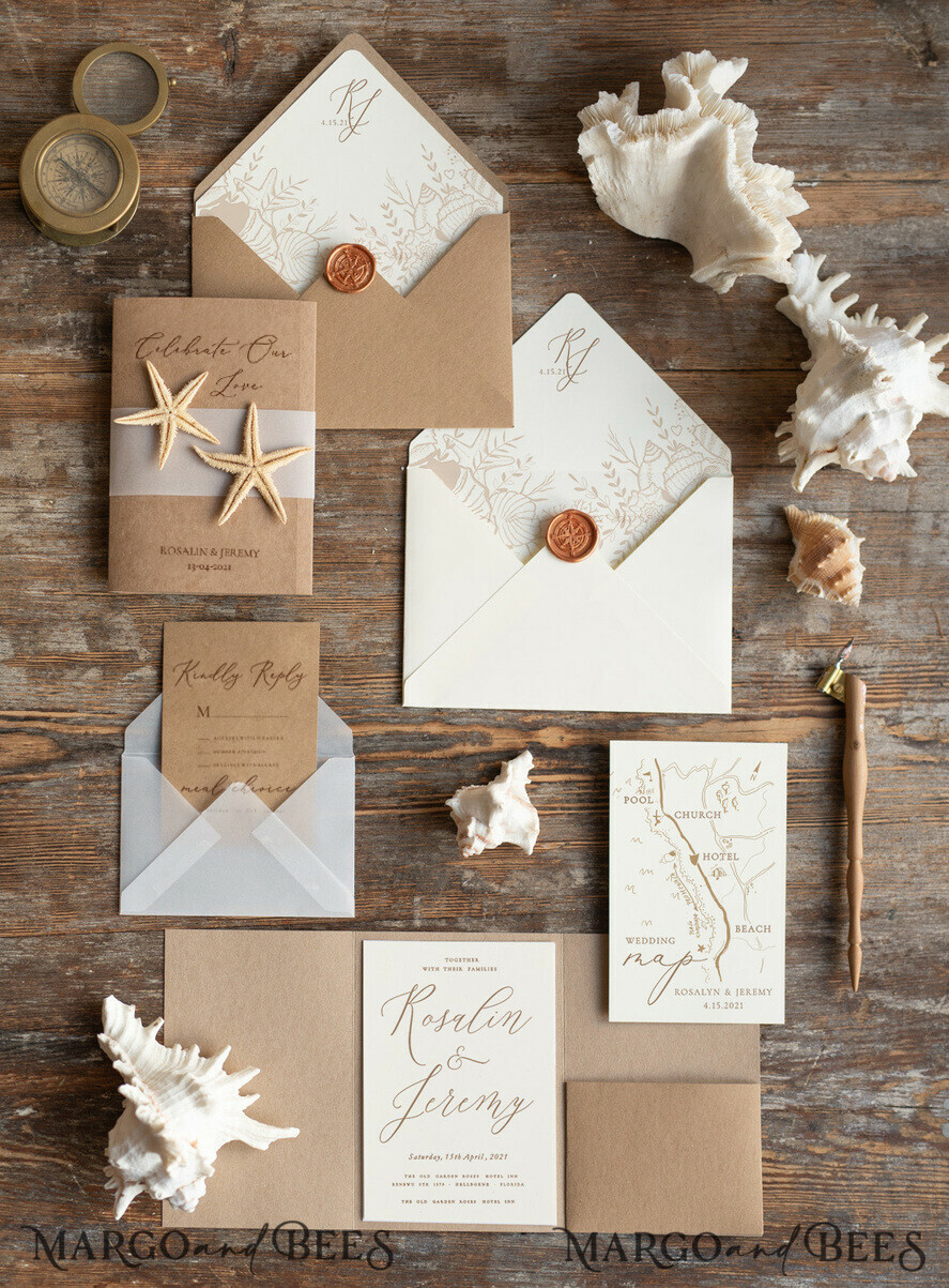 WEDDING INVITATIONS passport to love/ beach wedding invites Beach Wedding invitations Vellum bally band Wedding Invites with starfish Rustic Pocket Fold wedding Cards