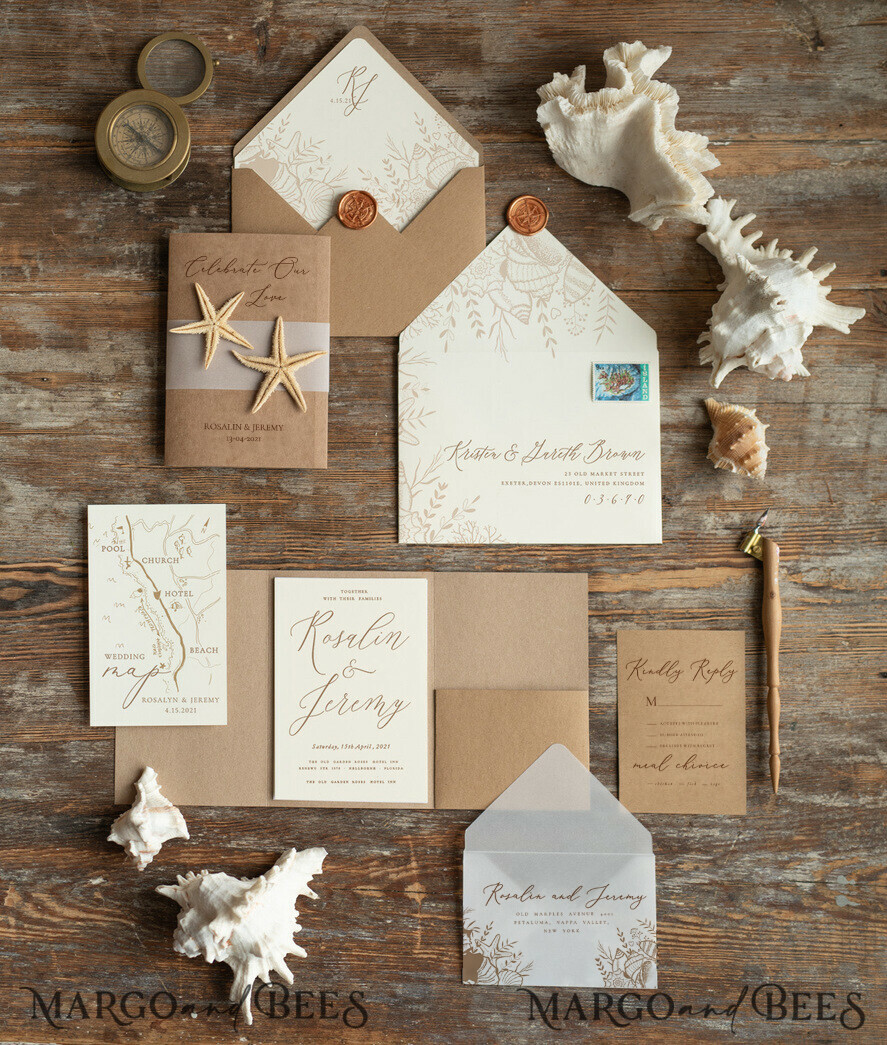 WEDDING INVITATIONS passport to love/ beach wedding invites Beach Wedding invitations Vellum bally band Wedding Invites with starfish Rustic Pocket Fold wedding Cards