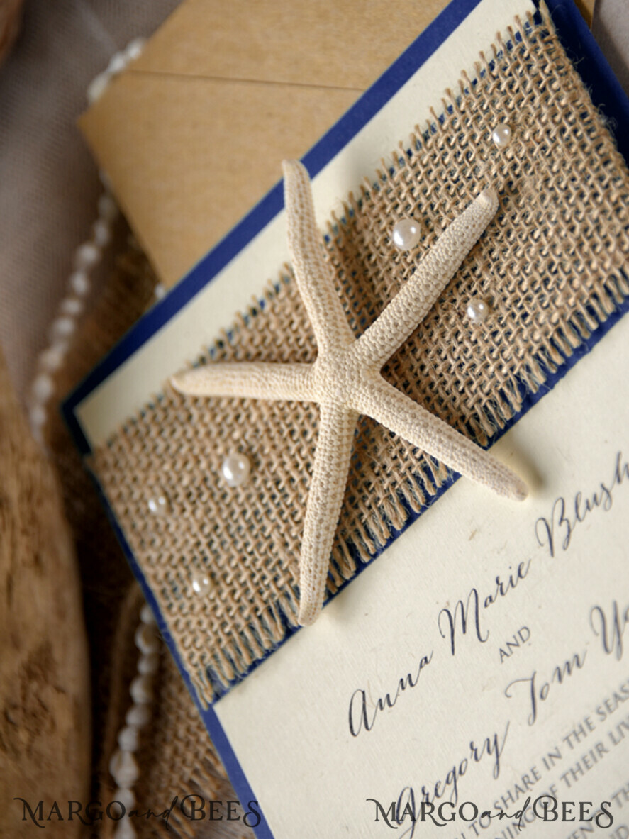 WEDDING INVITATIONS passport to love/ beach wedding invites Beach navy Wedding invitations Starfish Wedding Invites destination wedding Cards with tag and twine Eco envelope