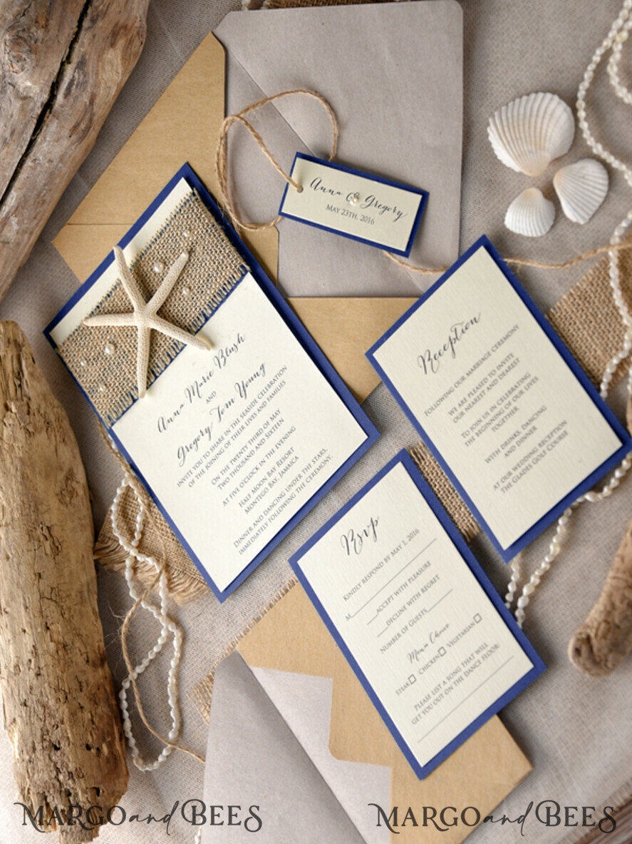 WEDDING INVITATIONS passport to love/ beach wedding invites Beach navy Wedding invitations Starfish Wedding Invites destination wedding Cards with tag and twine Eco envelope