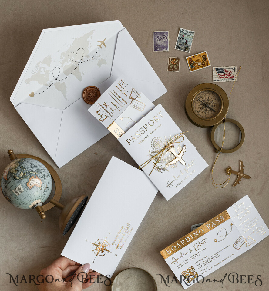 WEDDING INVITATIONS passport to love/ beach wedding invites Gold White Passport Wedding Invitation, Golden Wedding Cards Boarding Pass, Bespoke Travel Passport Wedding Invitations Abroad, Destination Greece Wedding Invites, Travel Map Wedding Stationary, World map
