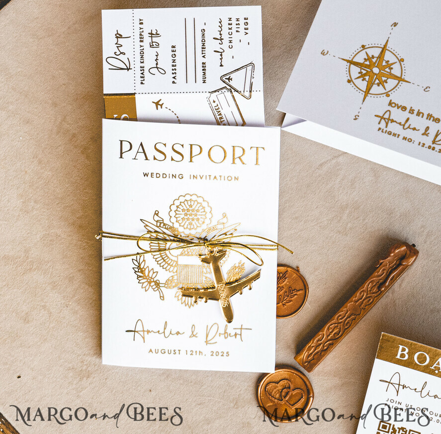WEDDING INVITATIONS passport to love/ beach wedding invites Gold White Passport Wedding Invitation, Golden Wedding Cards Boarding Pass, Bespoke Travel Passport Wedding Invitations Abroad, Destination Greece Wedding Invites, Travel Map Wedding Stationary, World map