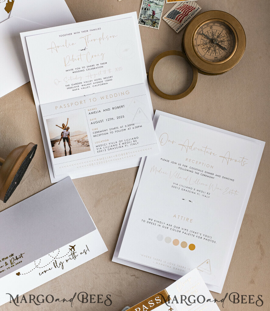 WEDDING INVITATIONS passport to love/ beach wedding invites Gold White Passport Wedding Invitation, Golden Wedding Cards Boarding Pass, Bespoke Travel Passport Wedding Invitations Abroad, Destination Greece Wedding Invites, Travel Map Wedding Stationary, World map