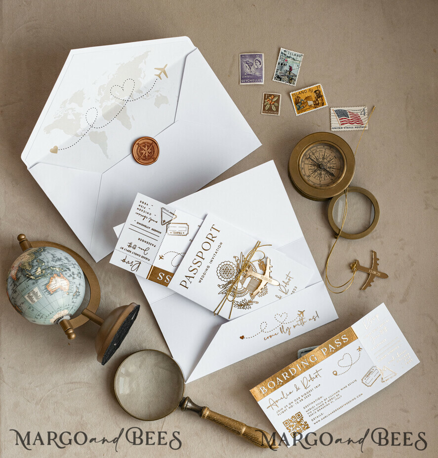 WEDDING INVITATIONS passport to love/ beach wedding invites Gold White Passport Wedding Invitation, Golden Wedding Cards Boarding Pass, Bespoke Travel Passport Wedding Invitations Abroad, Destination Greece Wedding Invites, Travel Map Wedding Stationary, World map