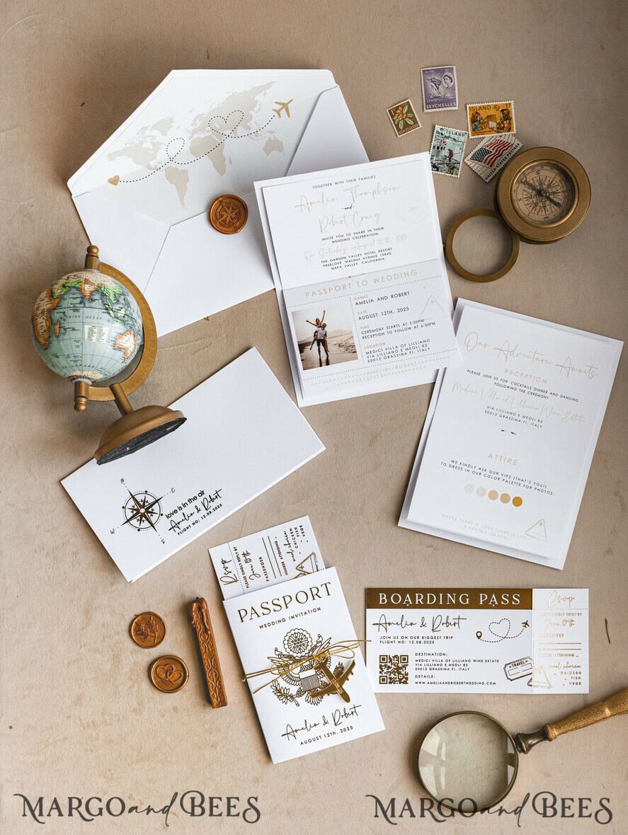 WEDDING INVITATIONS passport to love/ beach wedding invites Gold White Passport Wedding Invitation, Golden Wedding Cards Boarding Pass, Bespoke Travel Passport Wedding Invitations Abroad, Destination Greece Wedding Invites, Travel Map Wedding Stationary, World map