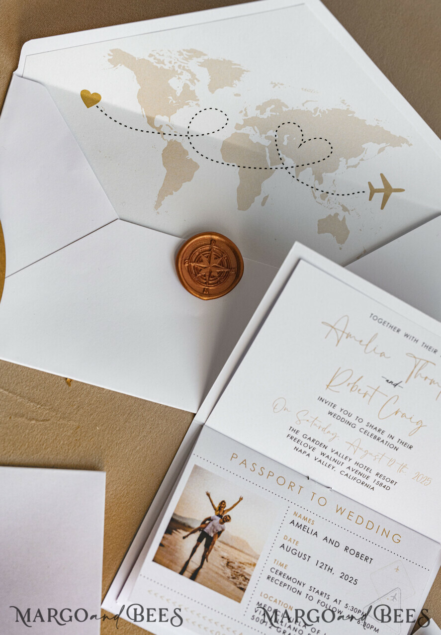 WEDDING INVITATIONS passport to love/ beach wedding invites Gold White Passport Wedding Invitation, Golden Wedding Cards Boarding Pass, Bespoke Travel Passport Wedding Invitations Abroad, Destination Greece Wedding Invites, Travel Map Wedding Stationary, World map