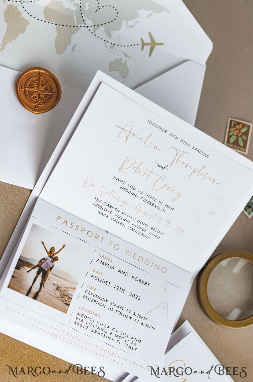WEDDING INVITATIONS passport to love/ beach wedding invites Gold White Passport Wedding Invitation, Golden Wedding Cards Boarding Pass, Bespoke Travel Passport Wedding Invitations Abroad, Destination Greece Wedding Invites, Travel Map Wedding Stationary, World map