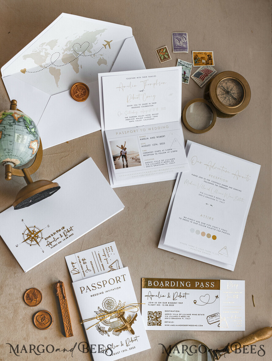 WEDDING INVITATIONS passport to love/ beach wedding invites Gold White Passport Wedding Invitation, Golden Wedding Cards Boarding Pass, Bespoke Travel Passport Wedding Invitations Abroad, Destination Greece Wedding Invites, Travel Map Wedding Stationary, World map