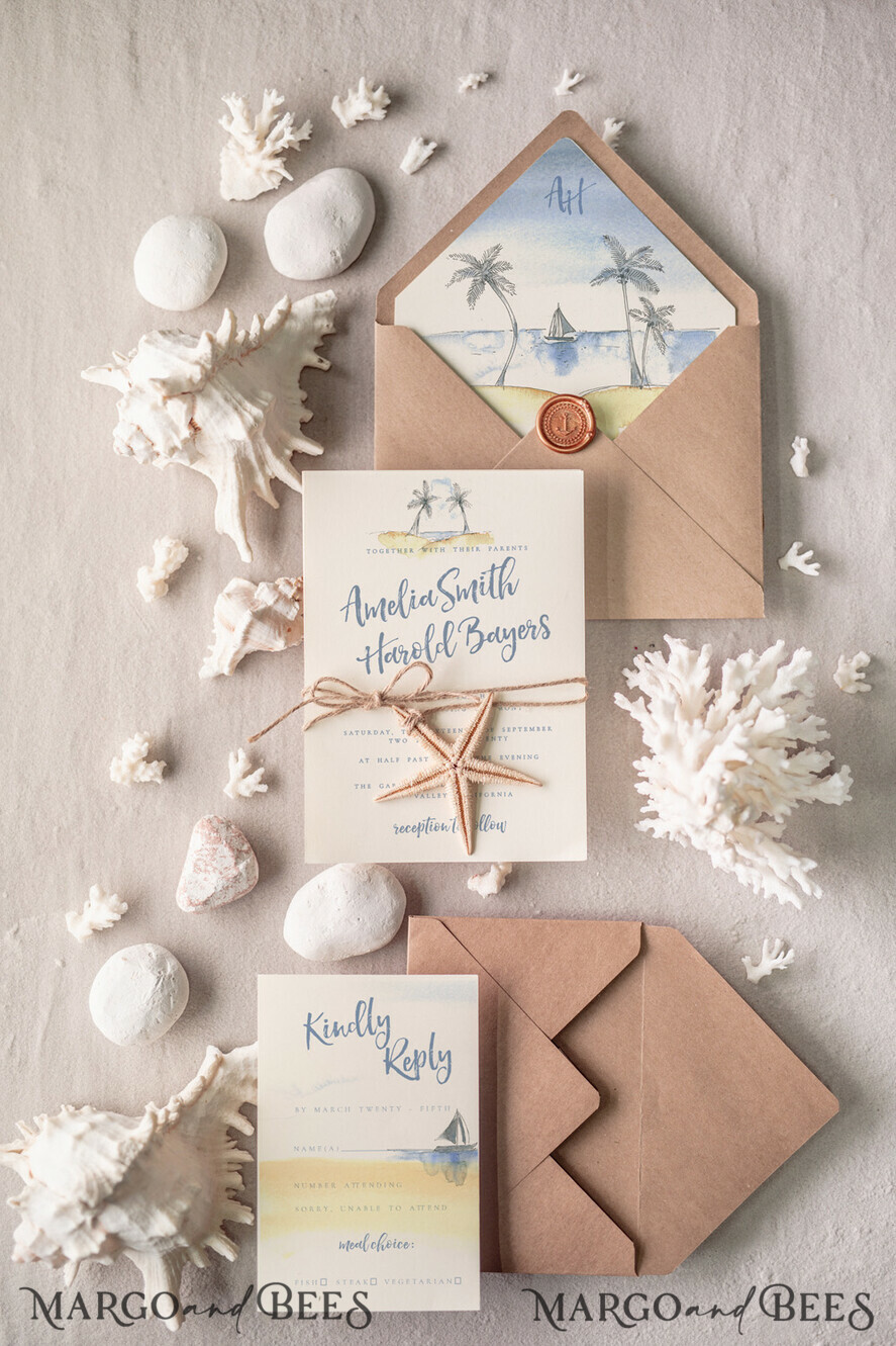WEDDING INVITATIONS passport to love/ beach wedding invites Beach Wedding invitations Starfish Wedding Invites Tropical wedding Cards with twine Vellum envelope