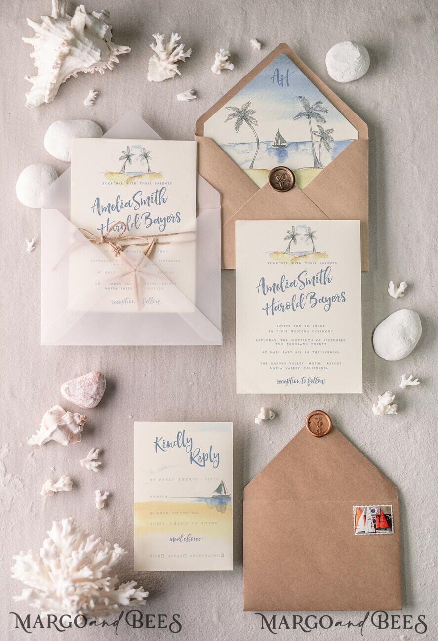 WEDDING INVITATIONS passport to love/ beach wedding invites Beach Wedding invitations Starfish Wedding Invites Tropical wedding Cards with twine Vellum envelope