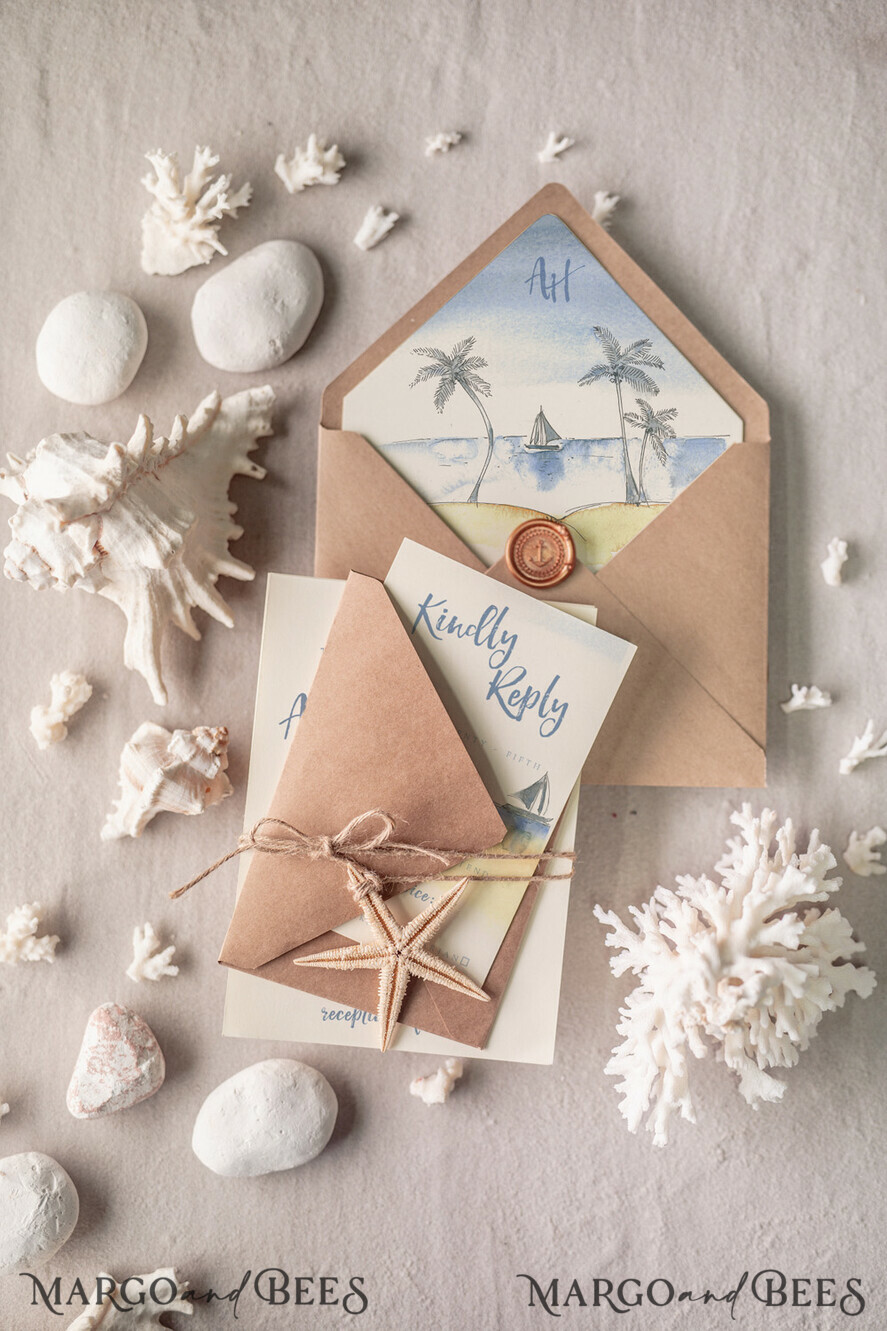 WEDDING INVITATIONS passport to love/ beach wedding invites Beach Wedding invitations Starfish Wedding Invites Tropical wedding Cards with twine Vellum envelope