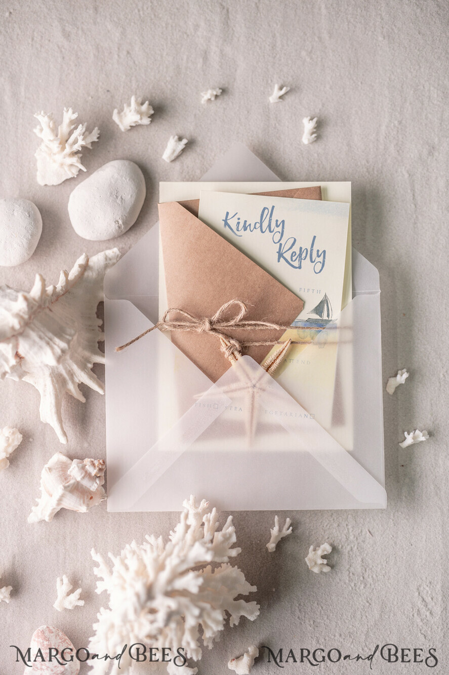 WEDDING INVITATIONS passport to love/ beach wedding invites Beach Wedding invitations Starfish Wedding Invites Tropical wedding Cards with twine Vellum envelope