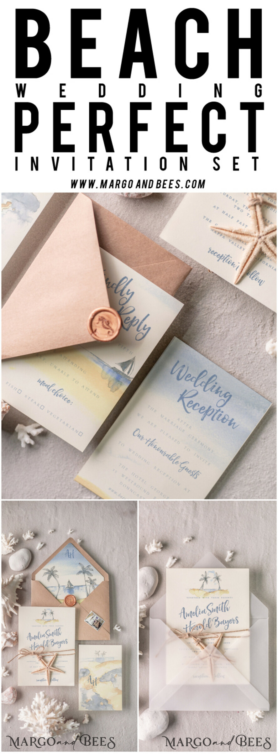 WEDDING INVITATIONS passport to love/ beach wedding invites Beach Wedding invitations Starfish Wedding Invites Tropical wedding Cards with twine Vellum envelope