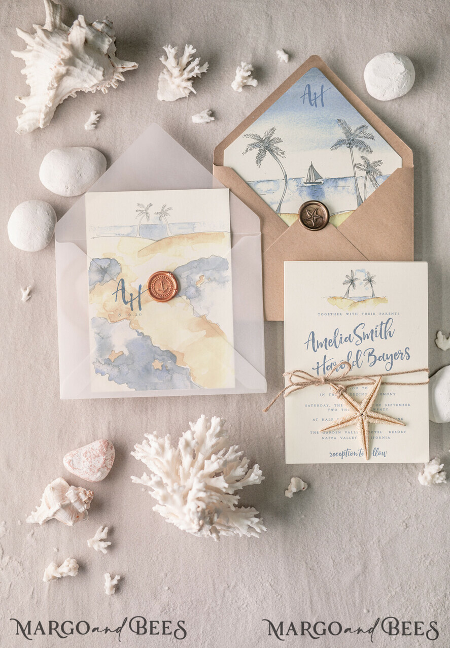 WEDDING INVITATIONS passport to love/ beach wedding invites Beach Wedding invitations Starfish Wedding Invites Tropical wedding Cards with twine Vellum envelope