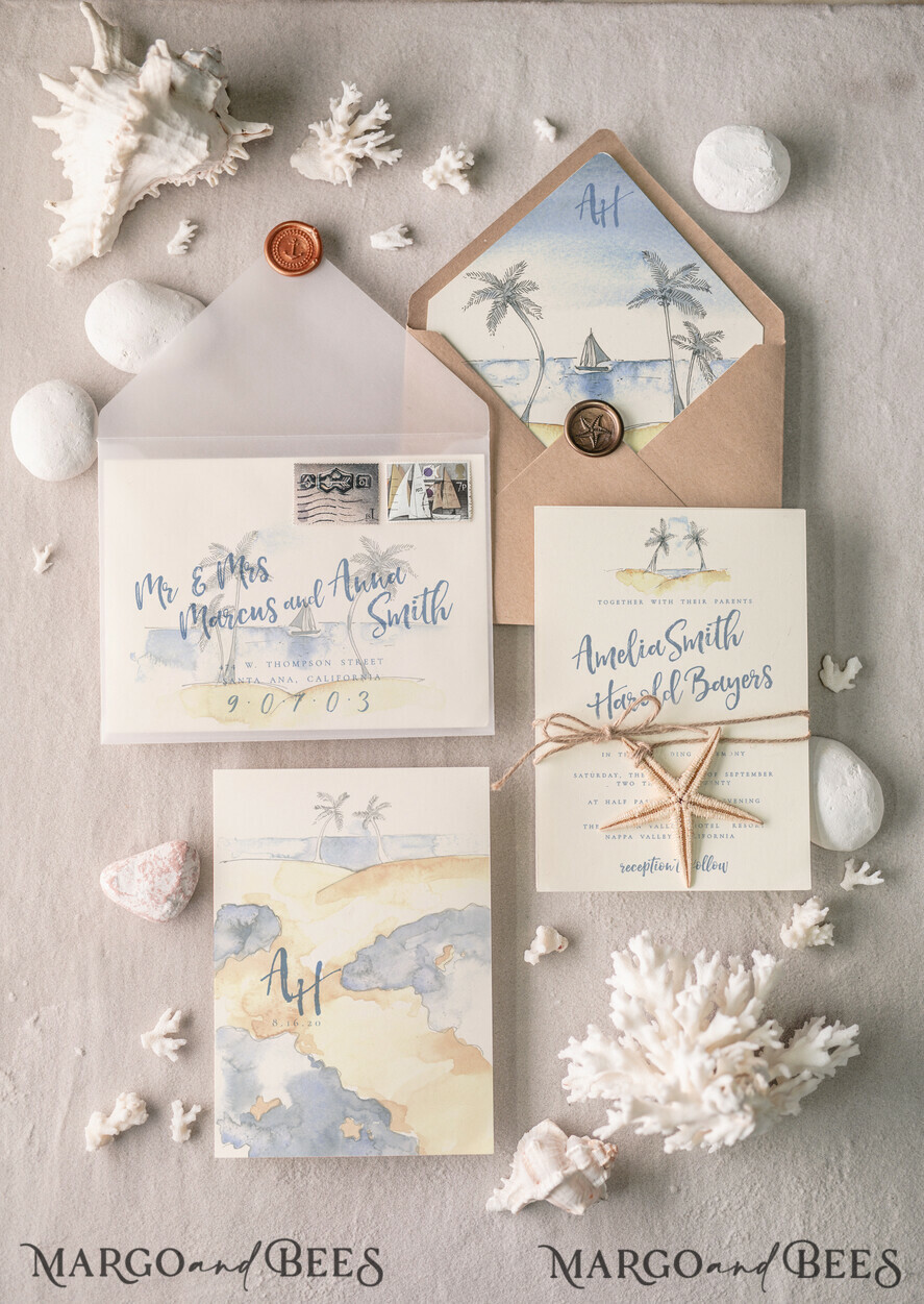 WEDDING INVITATIONS passport to love/ beach wedding invites Beach Wedding invitations Starfish Wedding Invites Tropical wedding Cards with twine Vellum envelope