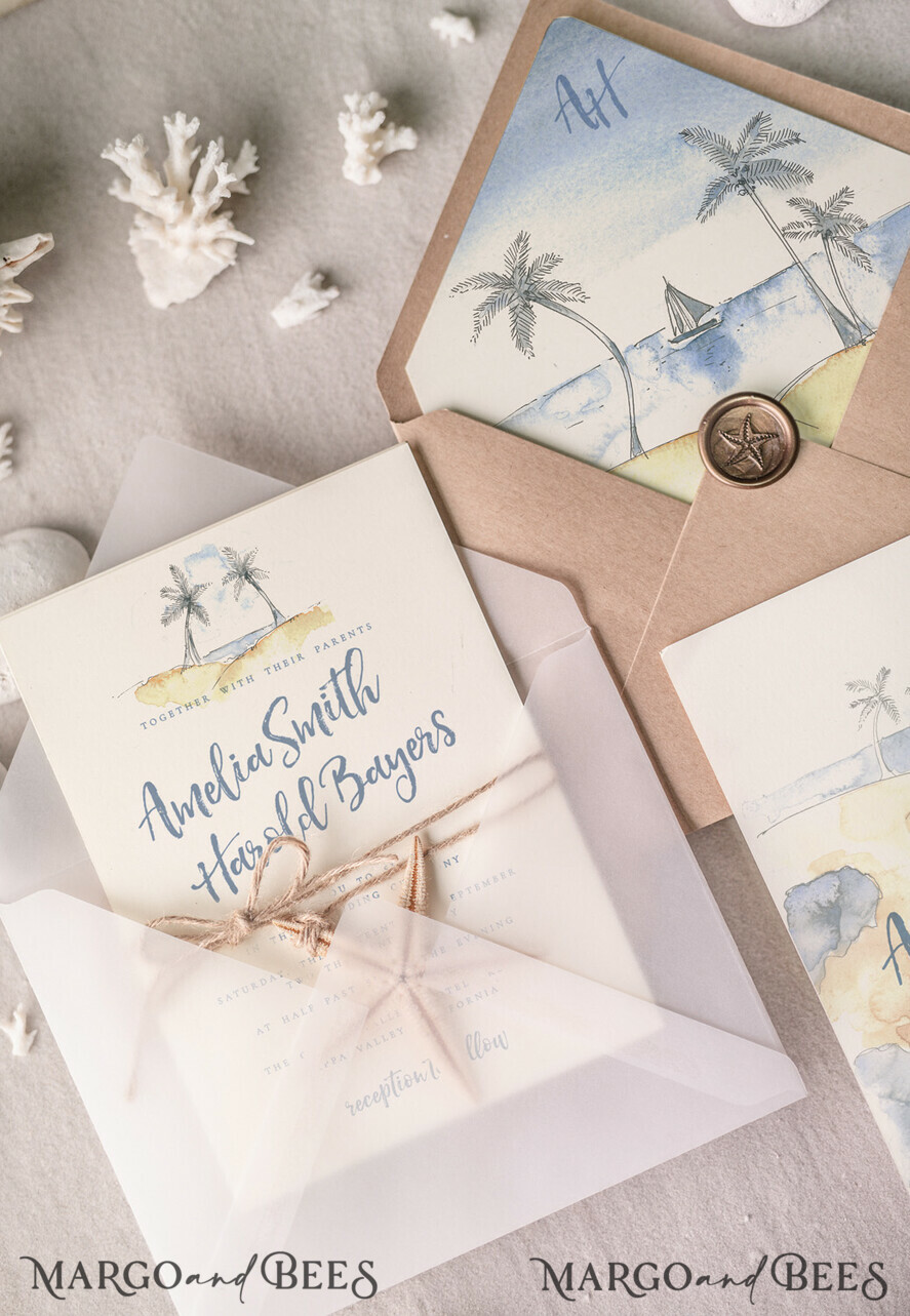 WEDDING INVITATIONS passport to love/ beach wedding invites Beach Wedding invitations Starfish Wedding Invites Tropical wedding Cards with twine Vellum envelope