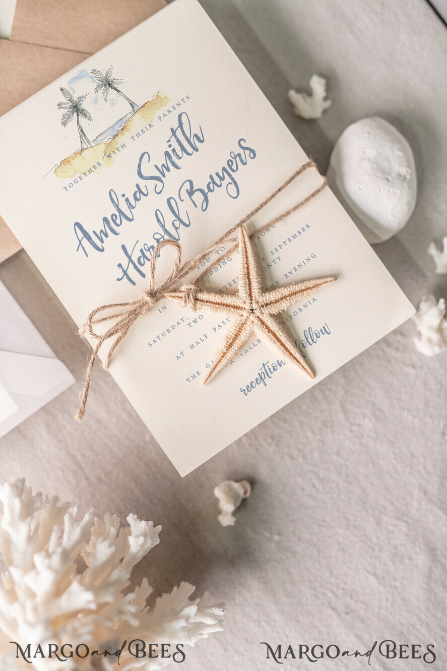 WEDDING INVITATIONS passport to love/ beach wedding invites Beach Wedding invitations Starfish Wedding Invites Tropical wedding Cards with twine Vellum envelope