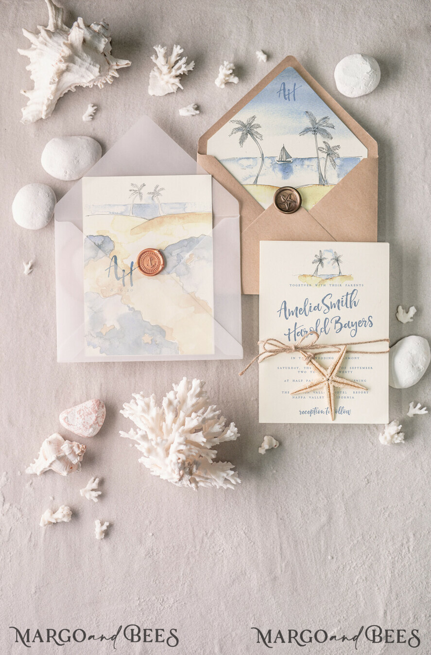 WEDDING INVITATIONS passport to love/ beach wedding invites Beach Wedding invitations Starfish Wedding Invites Tropical wedding Cards with twine Vellum envelope