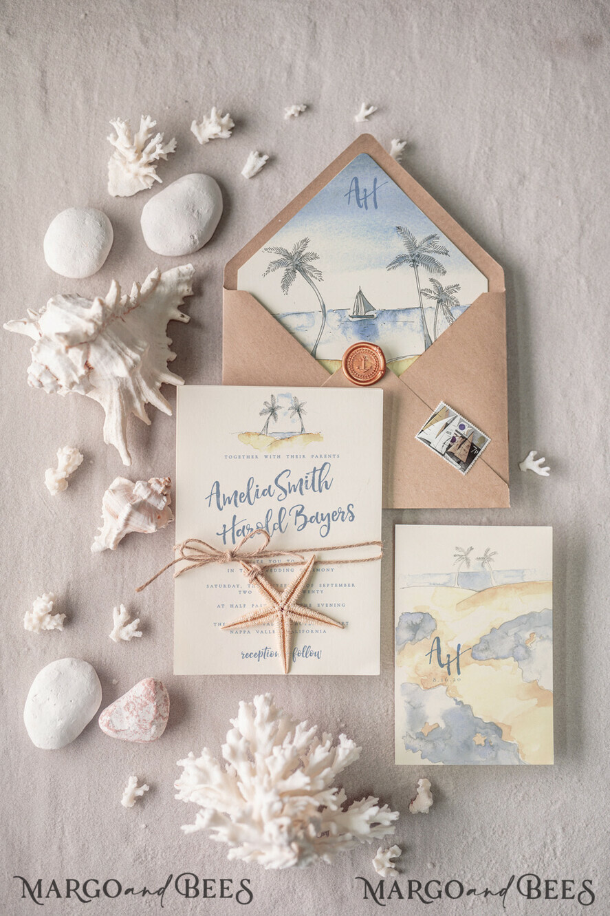 WEDDING INVITATIONS passport to love/ beach wedding invites Beach Wedding invitations Starfish Wedding Invites Tropical wedding Cards with twine Vellum envelope