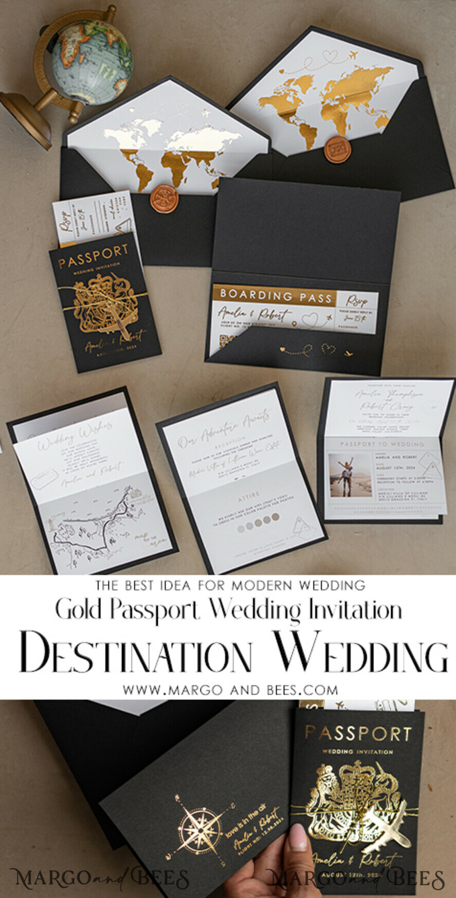 WEDDING INVITATIONS passport to love/ beach wedding invites Gold White Black Passport Wedding Invitation, Golden Wedding Cards Boarding Pass, Travel Passport Wedding Invitations Abroad, Destination Wedding Invites, Travel Map Wedding Stationary