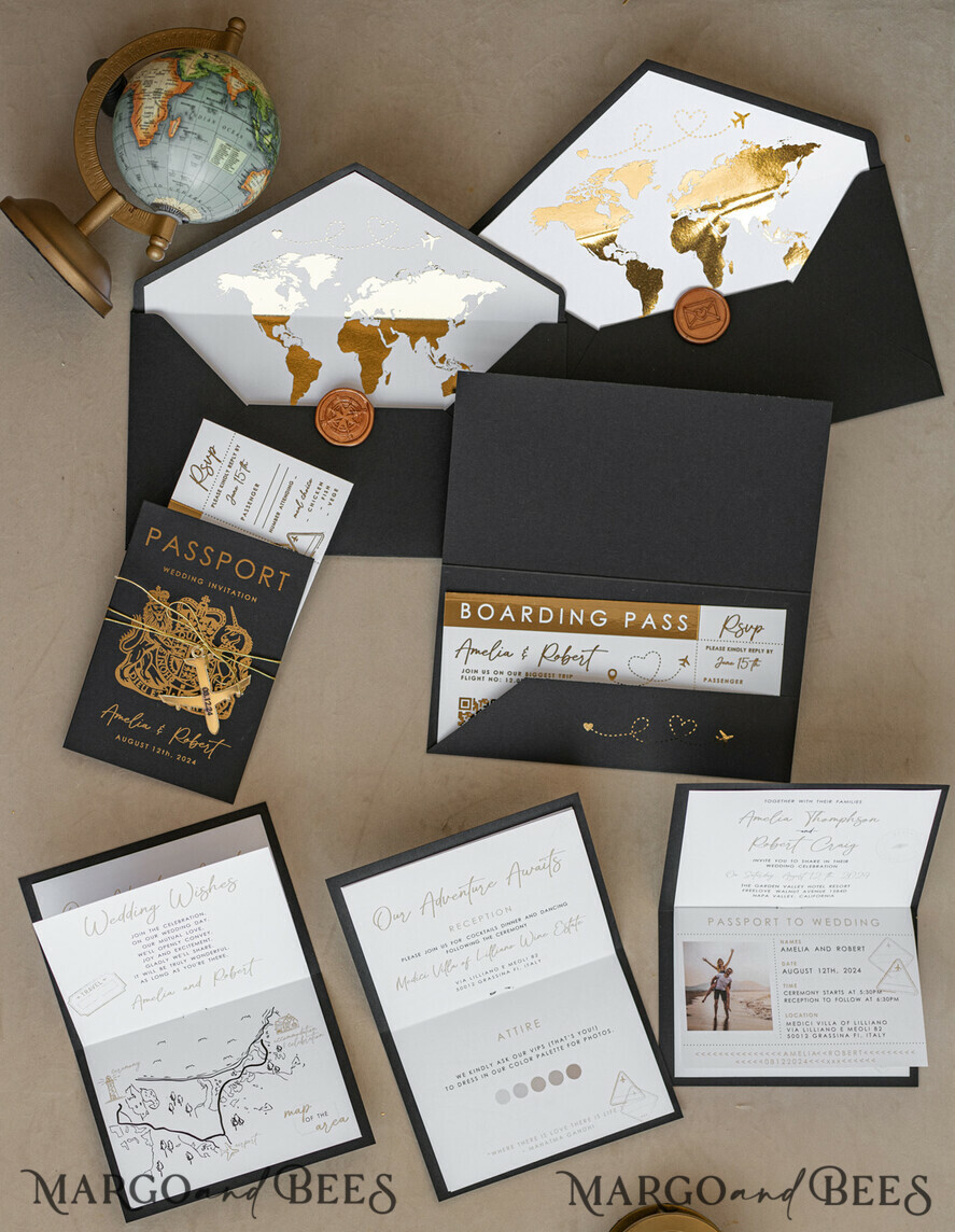 WEDDING INVITATIONS passport to love/ beach wedding invites Gold White Black Passport Wedding Invitation, Golden Wedding Cards Boarding Pass, Travel Passport Wedding Invitations Abroad, Destination Wedding Invites, Travel Map Wedding Stationary