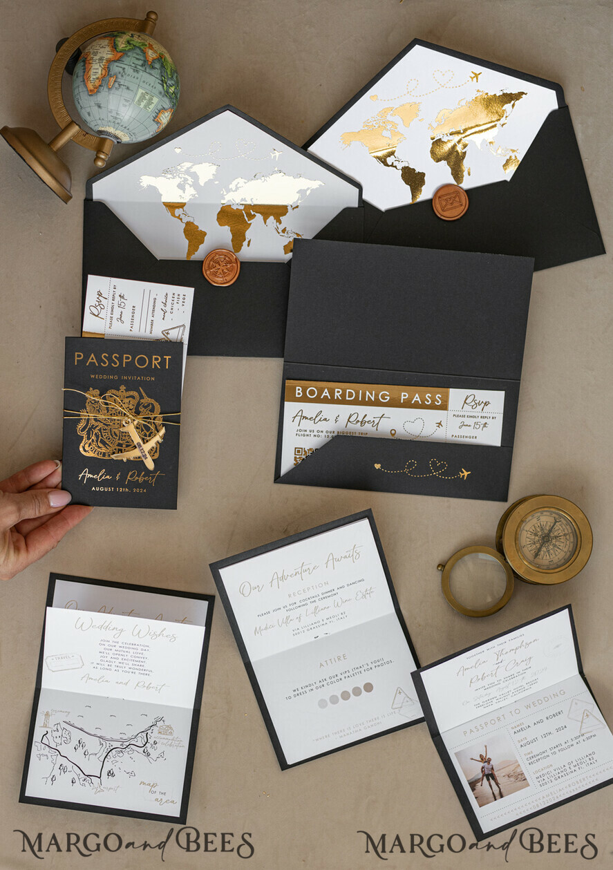 WEDDING INVITATIONS passport to love/ beach wedding invites Gold White Black Passport Wedding Invitation, Golden Wedding Cards Boarding Pass, Travel Passport Wedding Invitations Abroad, Destination Wedding Invites, Travel Map Wedding Stationary