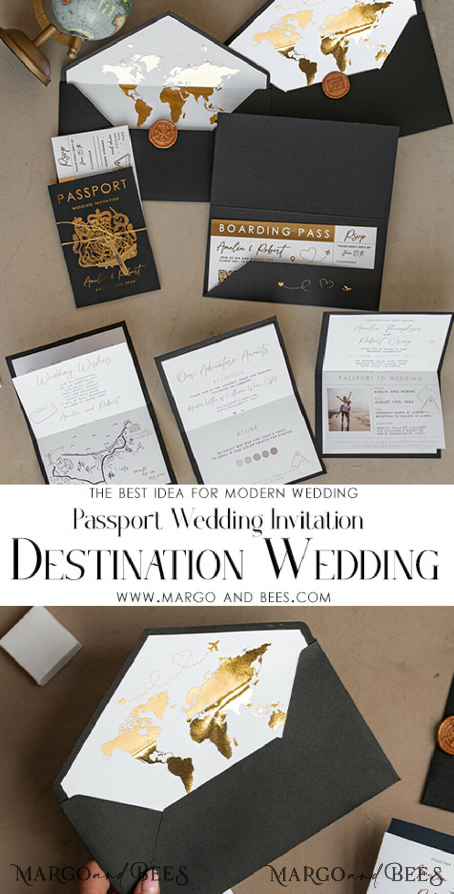 WEDDING INVITATIONS passport to love/ beach wedding invites Gold White Black Passport Wedding Invitation, Golden Wedding Cards Boarding Pass, Travel Passport Wedding Invitations Abroad, Destination Wedding Invites, Travel Map Wedding Stationary
