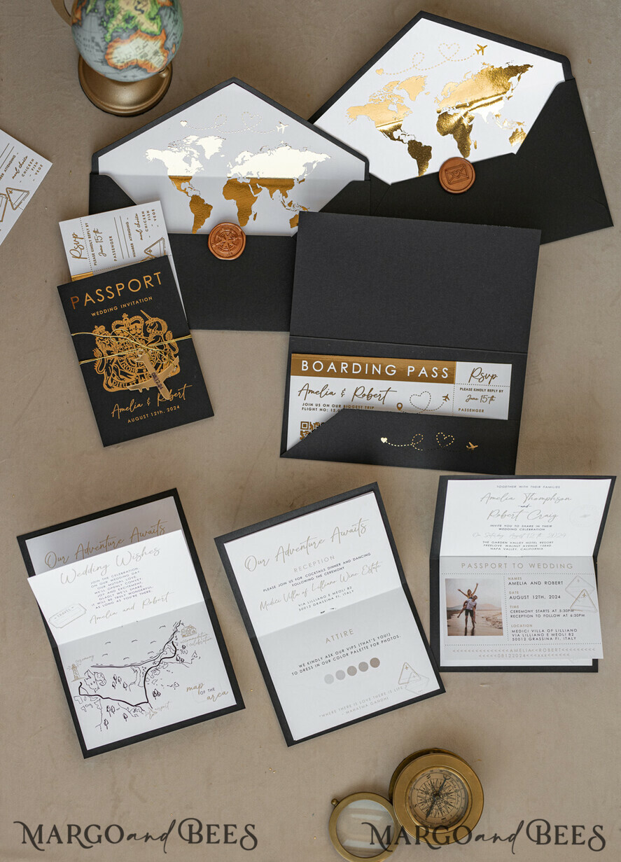 WEDDING INVITATIONS passport to love/ beach wedding invites Gold White Black Passport Wedding Invitation, Golden Wedding Cards Boarding Pass, Travel Passport Wedding Invitations Abroad, Destination Wedding Invites, Travel Map Wedding Stationary