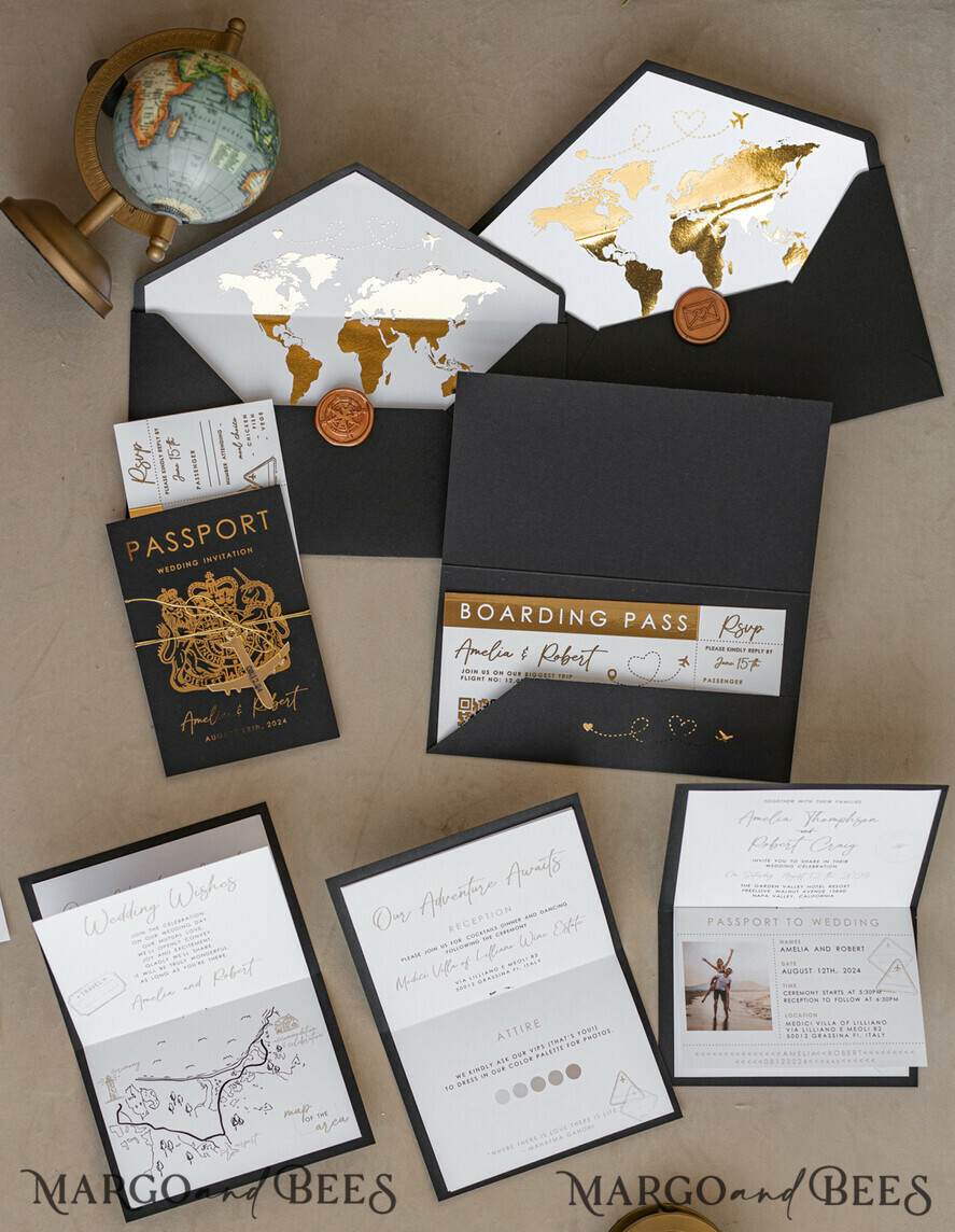 WEDDING INVITATIONS passport to love/ beach wedding invites Gold White Black Passport Wedding Invitation, Golden Wedding Cards Boarding Pass, Travel Passport Wedding Invitations Abroad, Destination Wedding Invites, Travel Map Wedding Stationary