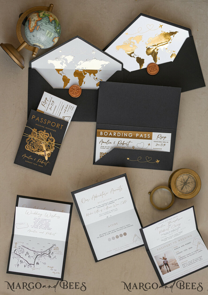 WEDDING INVITATIONS passport to love/ beach wedding invites Gold White Black Passport Wedding Invitation, Golden Wedding Cards Boarding Pass, Travel Passport Wedding Invitations Abroad, Destination Wedding Invites, Travel Map Wedding Stationary