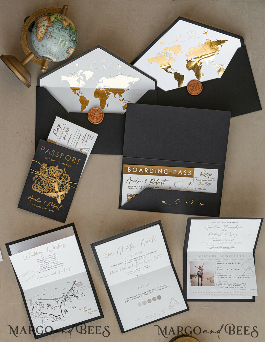 WEDDING INVITATIONS passport to love/ beach wedding invites Gold White Black Passport Wedding Invitation, Golden Wedding Cards Boarding Pass, Travel Passport Wedding Invitations Abroad, Destination Wedding Invites, Travel Map Wedding Stationary