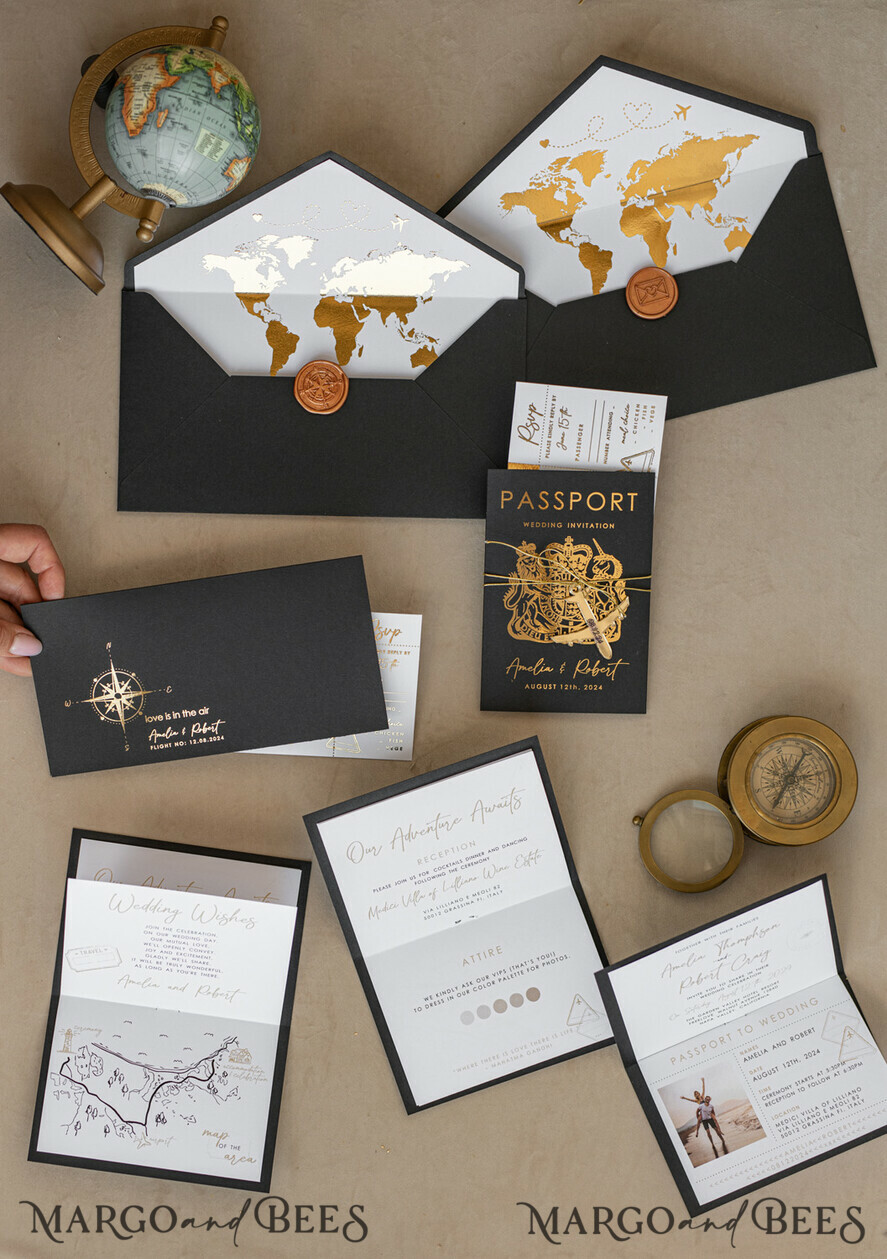 WEDDING INVITATIONS passport to love/ beach wedding invites Gold White Black Passport Wedding Invitation, Golden Wedding Cards Boarding Pass, Travel Passport Wedding Invitations Abroad, Destination Wedding Invites, Travel Map Wedding Stationary