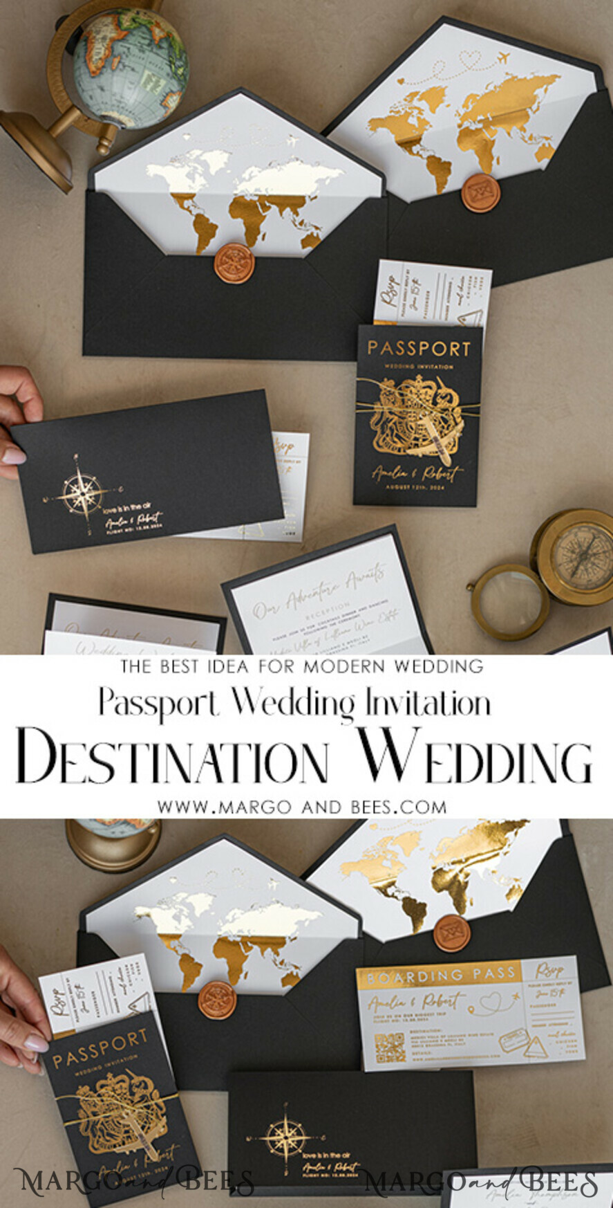 WEDDING INVITATIONS passport to love/ beach wedding invites Gold White Black Passport Wedding Invitation, Golden Wedding Cards Boarding Pass, Travel Passport Wedding Invitations Abroad, Destination Wedding Invites, Travel Map Wedding Stationary