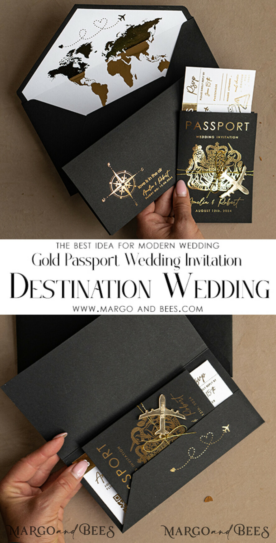 WEDDING INVITATIONS passport to love/ beach wedding invites Gold White Black Passport Wedding Invitation, Golden Wedding Cards Boarding Pass, Travel Passport Wedding Invitations Abroad, Destination Wedding Invites, Travel Map Wedding Stationary