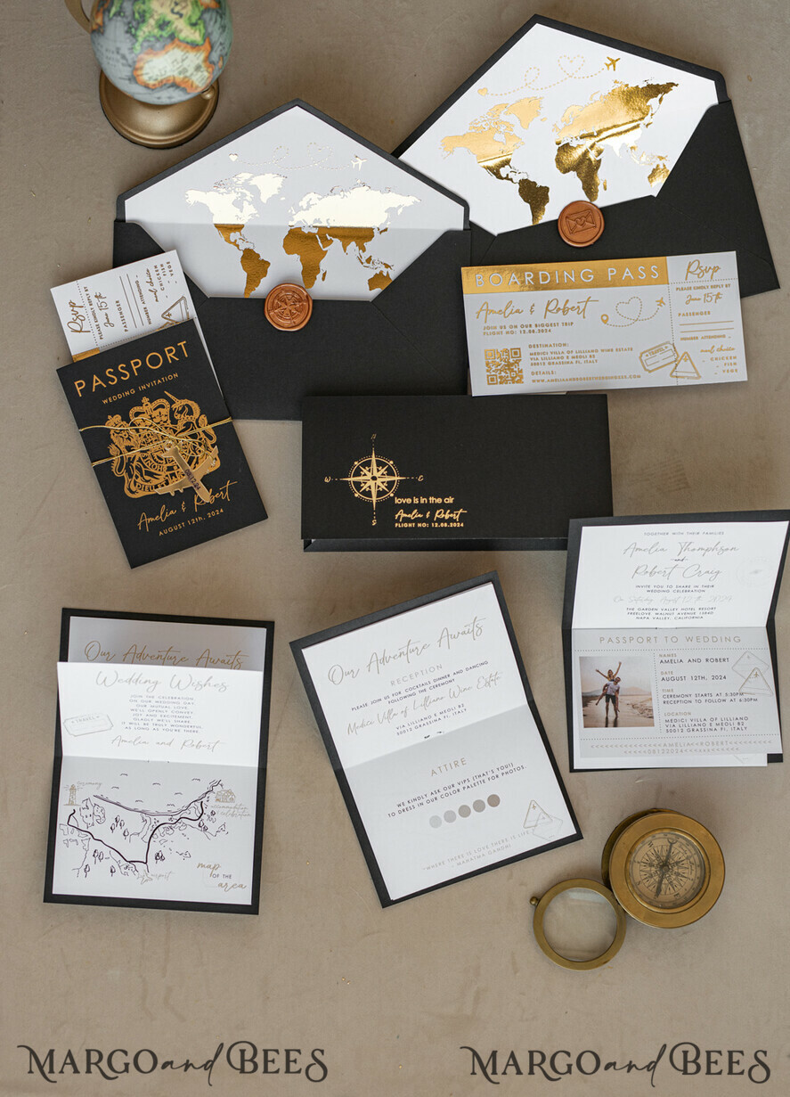 WEDDING INVITATIONS passport to love/ beach wedding invites Gold White Black Passport Wedding Invitation, Golden Wedding Cards Boarding Pass, Travel Passport Wedding Invitations Abroad, Destination Wedding Invites, Travel Map Wedding Stationary