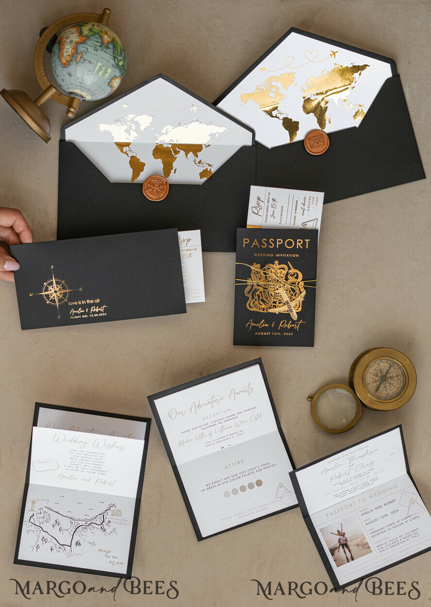 WEDDING INVITATIONS passport to love/ beach wedding invites Gold White Black Passport Wedding Invitation, Golden Wedding Cards Boarding Pass, Travel Passport Wedding Invitations Abroad, Destination Wedding Invites, Travel Map Wedding Stationary