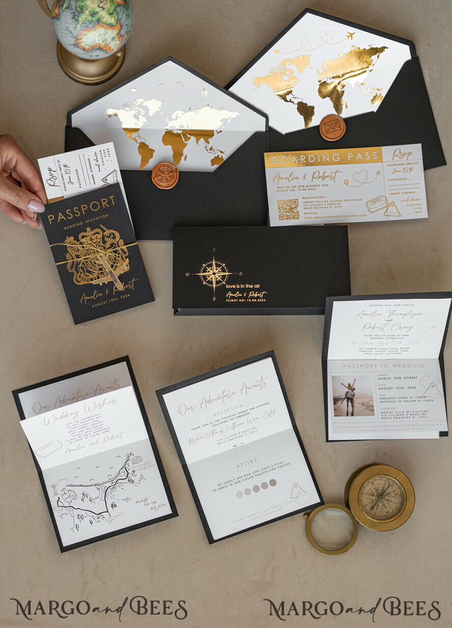 WEDDING INVITATIONS passport to love/ beach wedding invites Gold White Black Passport Wedding Invitation, Golden Wedding Cards Boarding Pass, Travel Passport Wedding Invitations Abroad, Destination Wedding Invites, Travel Map Wedding Stationary