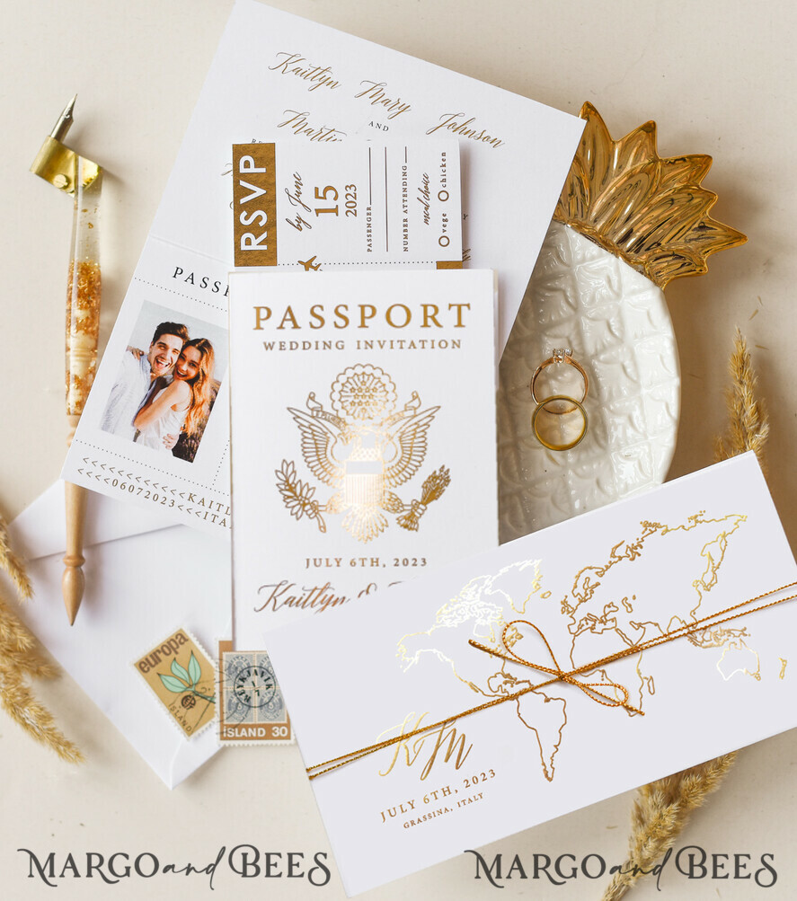 WEDDING INVITATIONS passport to love/ beach wedding invites White Gold Passport Wedding Invitation, Golden Plane Wedding Cards Boarding Pass, Tuscany Passport Wedding Invitations Abroad, Destination Wedding Invites, Travel Map Wedding Stationary