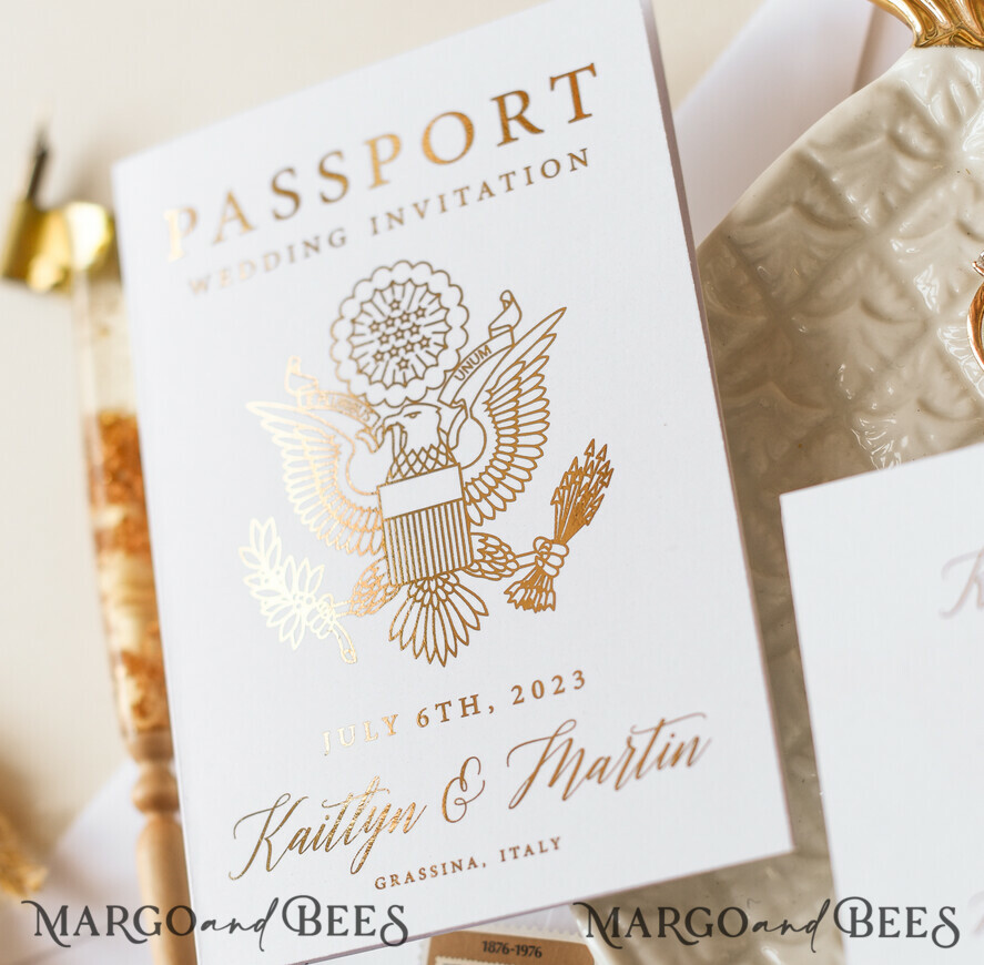 WEDDING INVITATIONS passport to love/ beach wedding invites White Gold Passport Wedding Invitation, Golden Plane Wedding Cards Boarding Pass, Tuscany Passport Wedding Invitations Abroad, Destination Wedding Invites, Travel Map Wedding Stationary