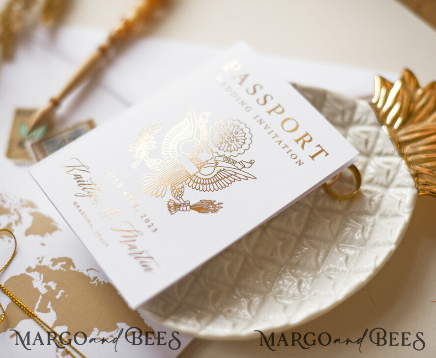 WEDDING INVITATIONS passport to love/ beach wedding invites White Gold Passport Wedding Invitation, Golden Plane Wedding Cards Boarding Pass, Tuscany Passport Wedding Invitations Abroad, Destination Wedding Invites, Travel Map Wedding Stationary