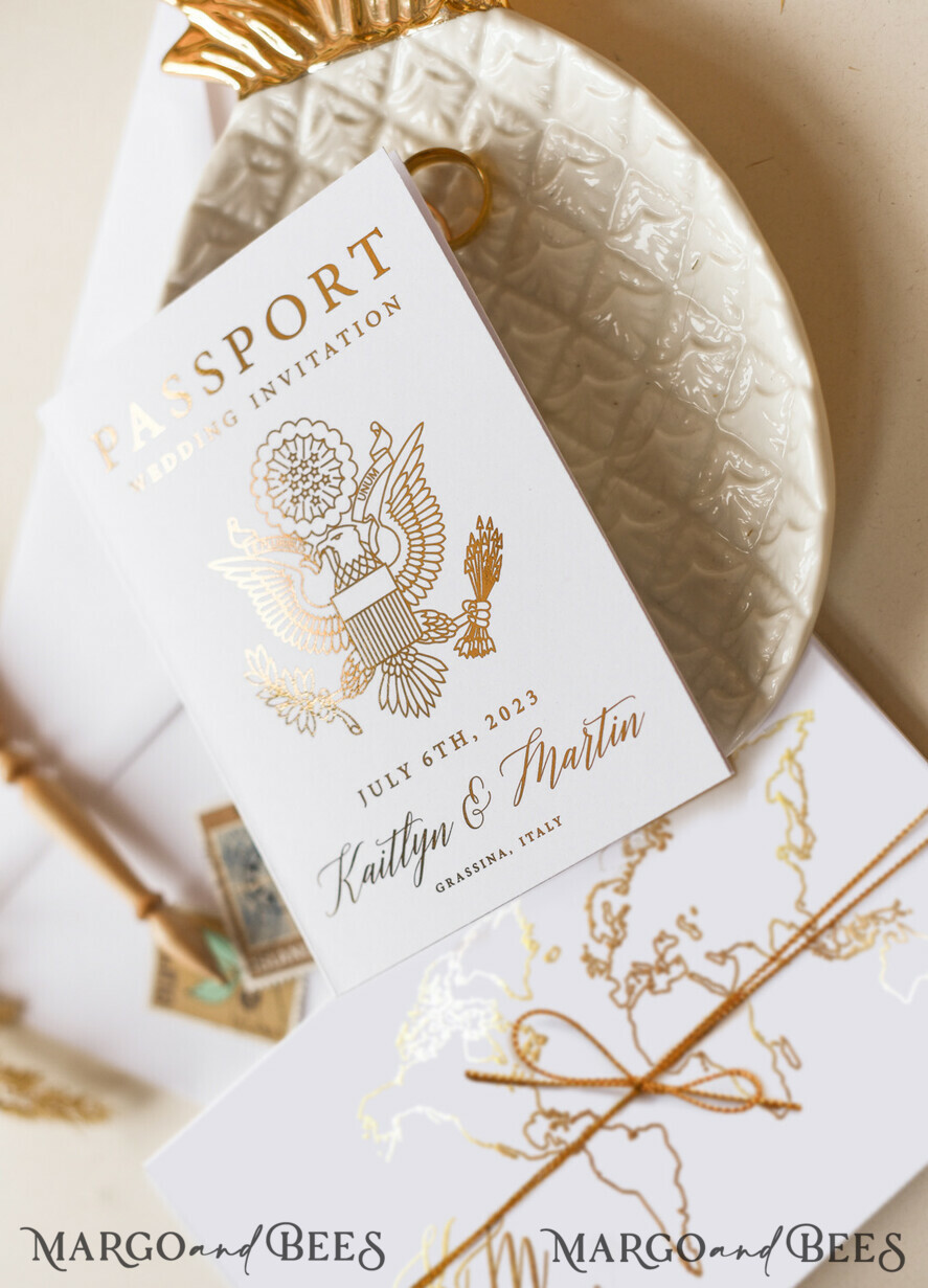 WEDDING INVITATIONS passport to love/ beach wedding invites White Gold Passport Wedding Invitation, Golden Plane Wedding Cards Boarding Pass, Tuscany Passport Wedding Invitations Abroad, Destination Wedding Invites, Travel Map Wedding Stationary