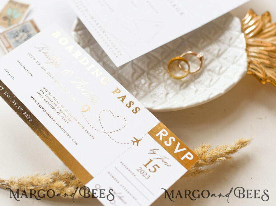 WEDDING INVITATIONS passport to love/ beach wedding invites White Gold Passport Wedding Invitation, Golden Plane Wedding Cards Boarding Pass, Tuscany Passport Wedding Invitations Abroad, Destination Wedding Invites, Travel Map Wedding Stationary