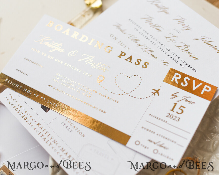 WEDDING INVITATIONS passport to love/ beach wedding invites White Gold Passport Wedding Invitation, Golden Plane Wedding Cards Boarding Pass, Tuscany Passport Wedding Invitations Abroad, Destination Wedding Invites, Travel Map Wedding Stationary