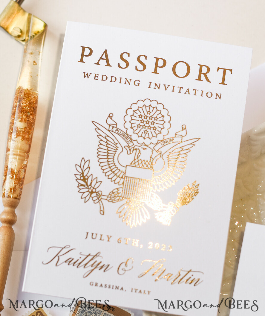 WEDDING INVITATIONS passport to love/ beach wedding invites White Gold Passport Wedding Invitation, Golden Plane Wedding Cards Boarding Pass, Tuscany Passport Wedding Invitations Abroad, Destination Wedding Invites, Travel Map Wedding Stationary