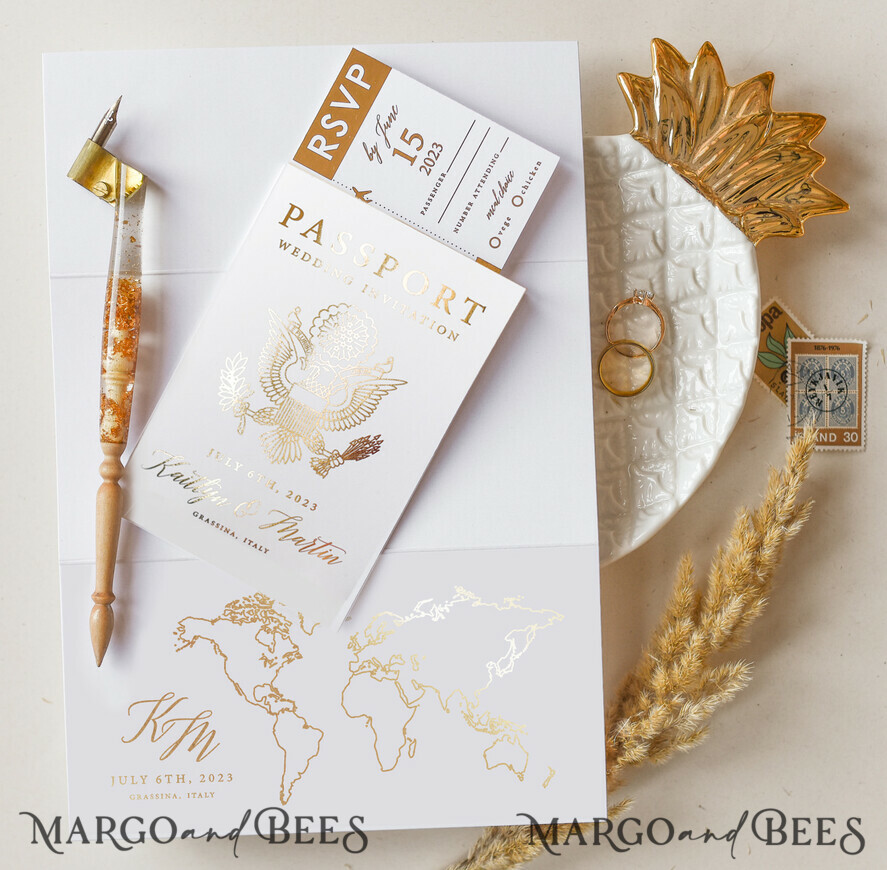 WEDDING INVITATIONS passport to love/ beach wedding invites White Gold Passport Wedding Invitation, Golden Plane Wedding Cards Boarding Pass, Tuscany Passport Wedding Invitations Abroad, Destination Wedding Invites, Travel Map Wedding Stationary