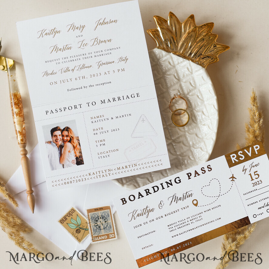 WEDDING INVITATIONS passport to love/ beach wedding invites White Gold Passport Wedding Invitation, Golden Plane Wedding Cards Boarding Pass, Tuscany Passport Wedding Invitations Abroad, Destination Wedding Invites, Travel Map Wedding Stationary
